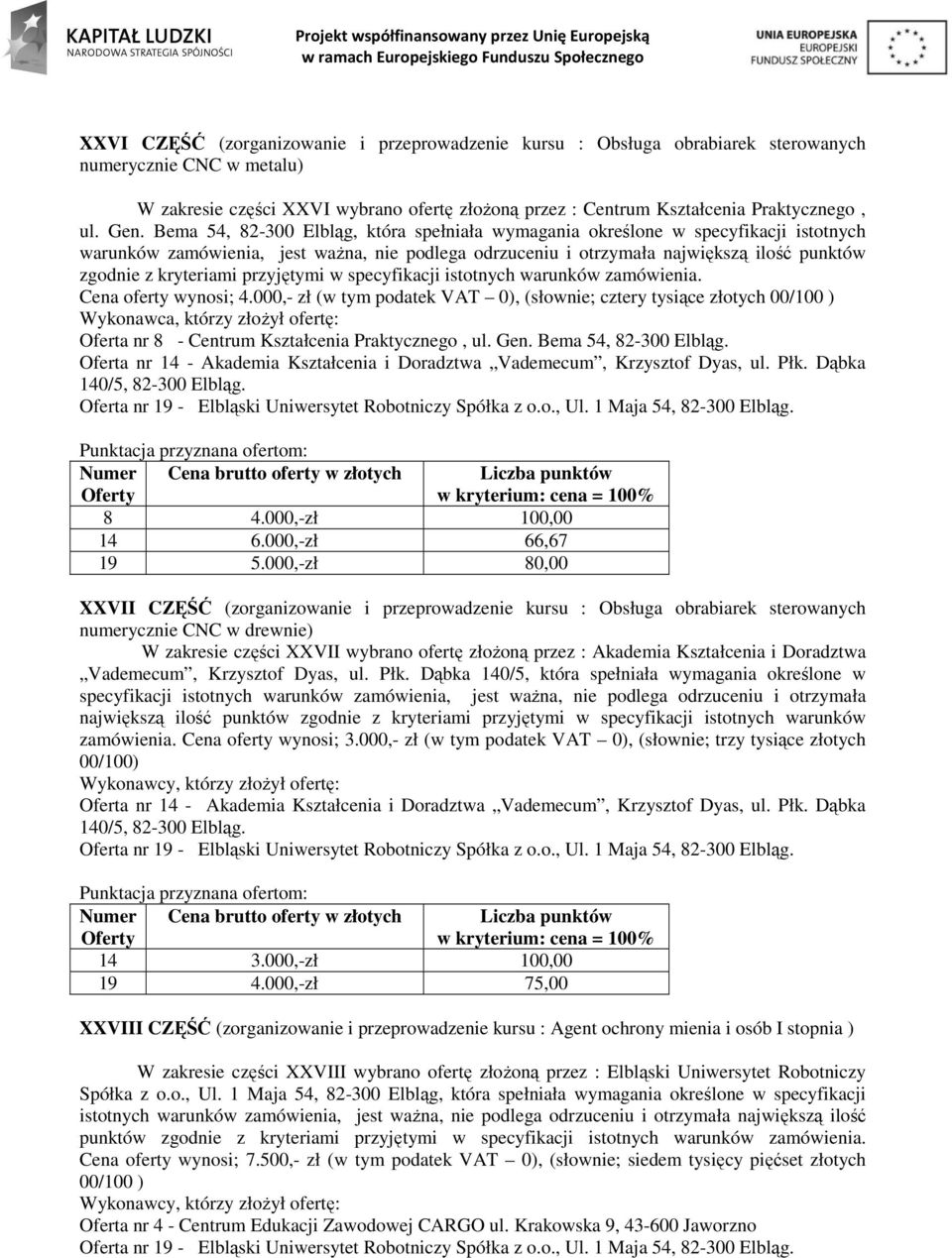 000,- zł (w tym podatek VAT 0), (słownie; cztery tysiące złotych 00/100 ) Wykonawca, którzy złożył ofertę: Oferta nr 8 - Centrum Kształcenia Praktycznego, ul. Gen. Bema 54, 82-300 8 4.