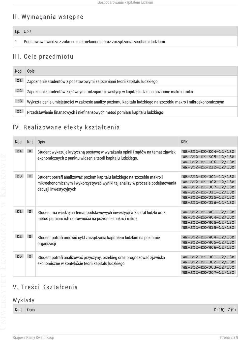 mikro Wykształcenie umiejętności w zakresie analizy poziomu kapitału ludzkiego na szczeblu makro i mikroekonomicznym Przedstawienie finansowych i niefinansowych metod pomiaru kapitału ludzkiego IV.