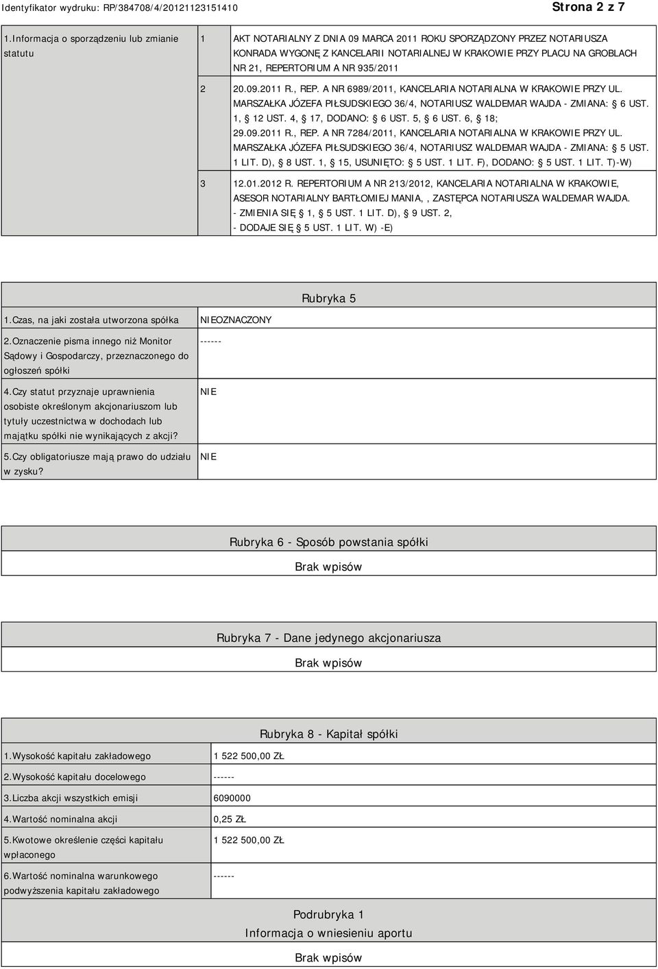 REPERTORIUM A NR 935/2011 2 20.09.2011 R., REP. A NR 6989/2011, KANCELARIA NOTARIALNA W KRAKOWIE PRZY UL. MARSZAŁKA JÓZEFA PIŁSUDSKIEGO 36/4, NOTARIUSZ WALDEMAR WAJDA - ZMIANA: 6 UST. 1, 12 UST.