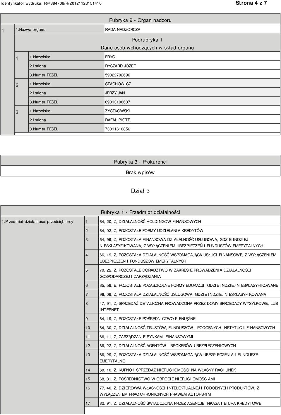 Przedmiot działalności przedsiębiorcy 1 64, 20, Z, DZIAŁALNOŚĆ HOLDINGÓW FINANSOWYCH 2 64, 92, Z, POZOSTAŁE FORMY UDZIELANIA KREDYTÓW 3 64, 99, Z, POZOSTAŁA FINANSOWA DZIAŁALNOŚĆ USŁUGOWA, GDZIE