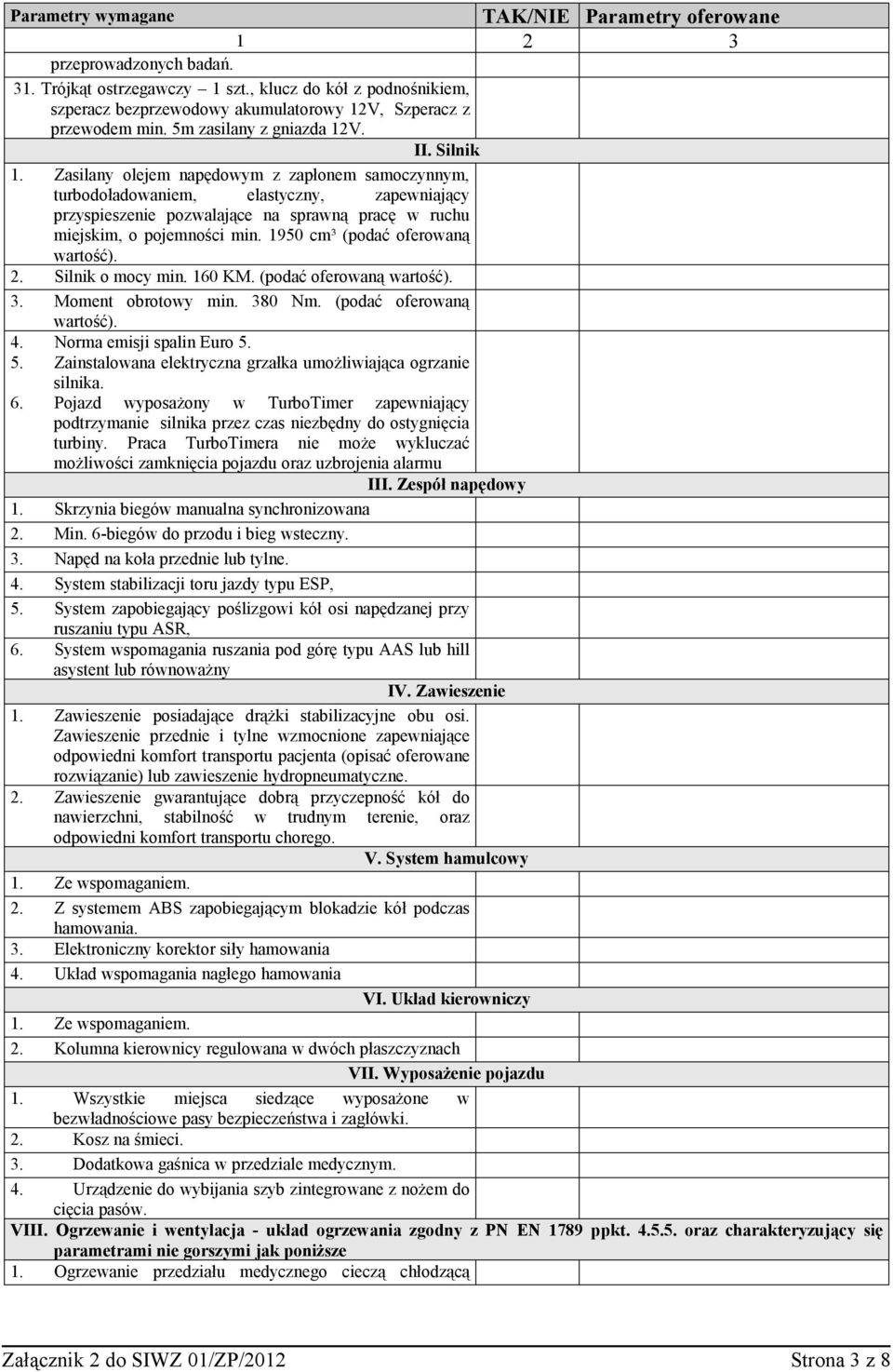 1950 cm³ (podać oferowaną wartość). 2. Silnik o mocy min. 160 KM. (podać oferowaną wartość). 3. Moment obrotowy min. 380 Nm. (podać oferowaną wartość). 4. Norma emisji spalin Euro 5.