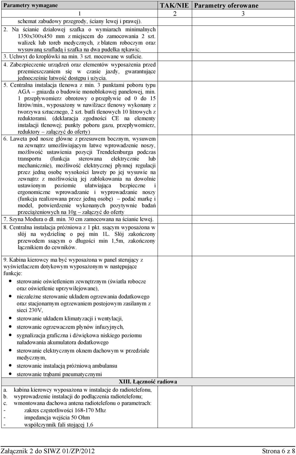 Zabezpieczenie urządzeń oraz elementów wyposażenia przed przemieszczaniem się w czasie jazdy, gwarantujące jednocześnie łatwość dostępu i użycia. 5. Centralna instalacja tlenowa z min.