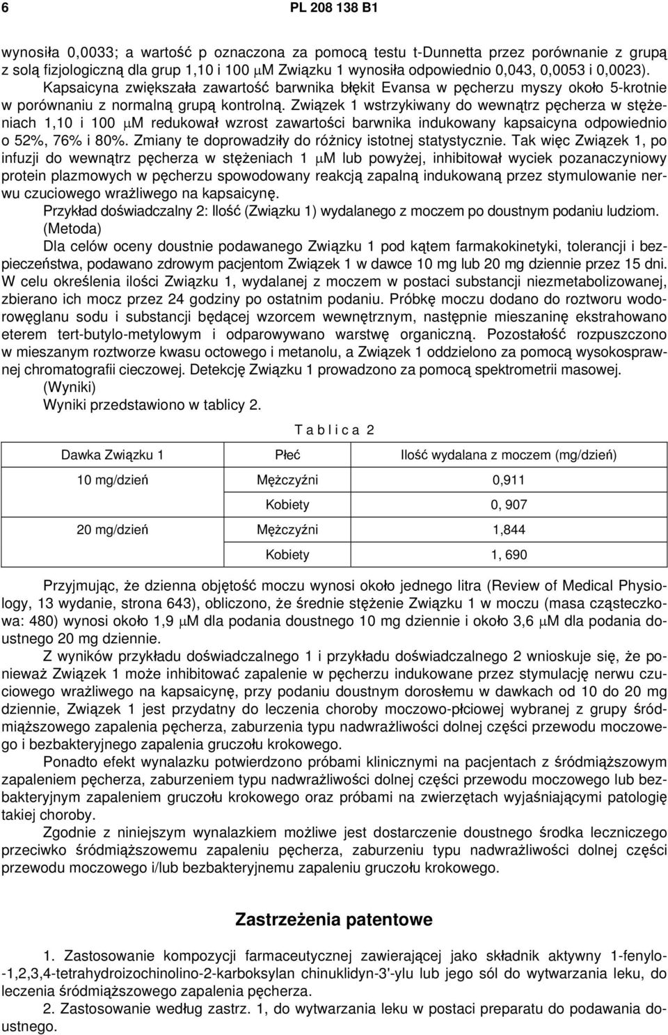 Związek 1 wstrzykiwany do wewnątrz pęcherza w stężeniach 1,10 i 100 μm redukował wzrost zawartości barwnika indukowany kapsaicyna odpowiednio o 52%, 76% i 80%.