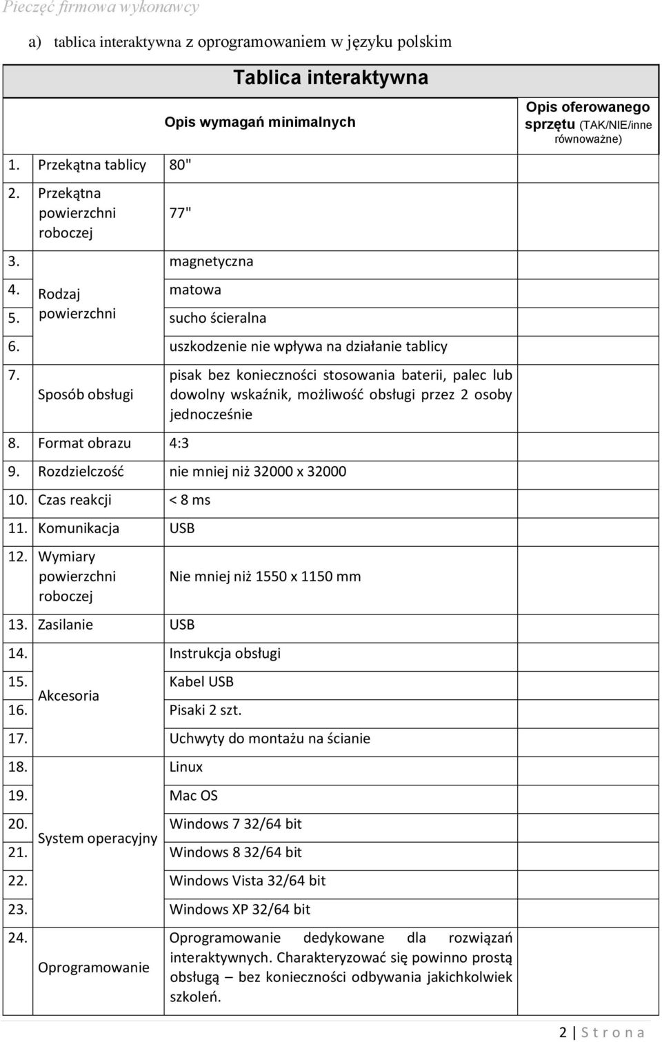 Format obrazu 4:3 pisak bez konieczności stosowania baterii, palec lub dowolny wskaźnik, możliwość obsługi przez 2 osoby jednocześnie 9. Rozdzielczość nie mniej niż 32000 x 32000 0.