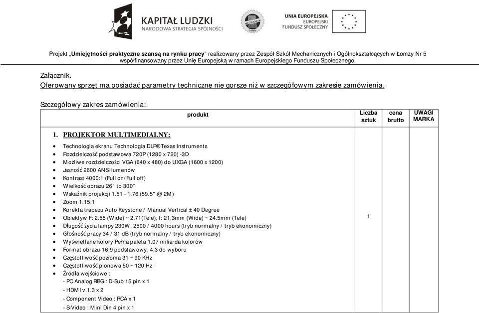 ANSI lumenów Kontrast 4000:1 (Full on/full off) Wielkość obrazu 26 to 300 Wskaźnik projekcji 1.51-1.76 (59.5" @ 2M) Zoom 1.