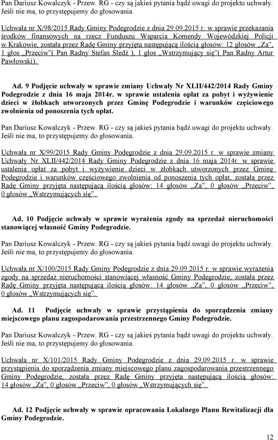 Przeciw ( Pan Radny Stefan Śledź ), 1 głos Wstrzymujący się ( Pan Radny Artur Pawłowski). Ad. 9 Podjęcie uchwały w sprawie zmiany Uchwały Nr XLII/442/2014 Rady Gminy Podegrodzie z dnia 16 maja 2014r.