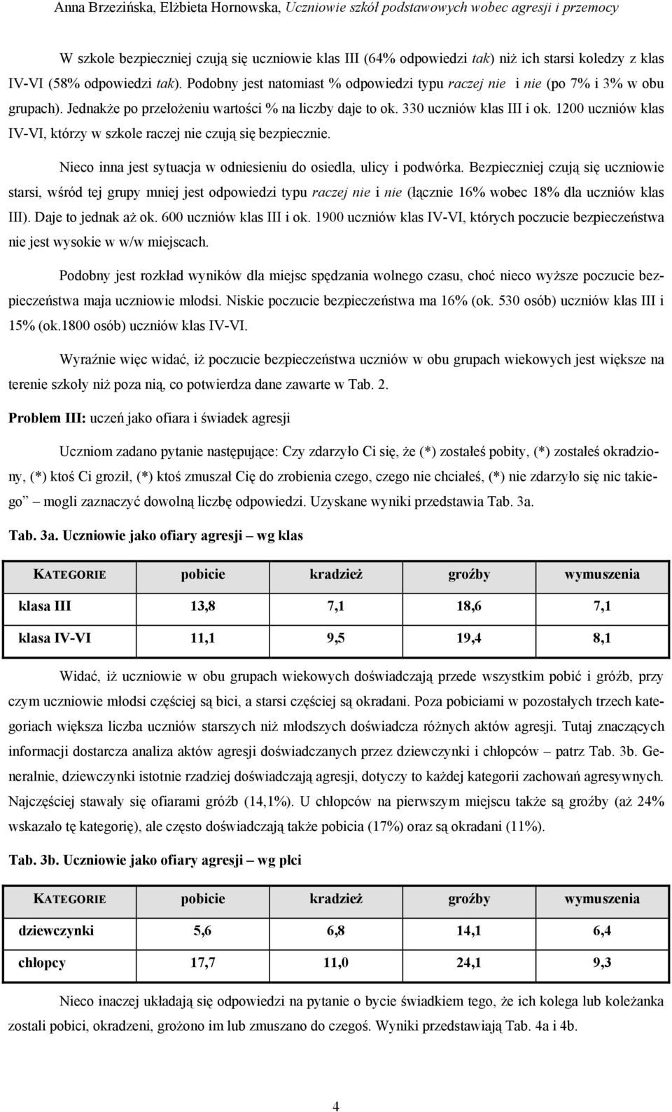 Nieco inna jest sytuacja w odsieniu do osiedla, ulicy i podwórka. Bezpieczj czują się uczniowie starsi, wśród tej grupy mj jest odpowiedzi typu i (łącz 16% wobec 18% dla uczniów klas III).