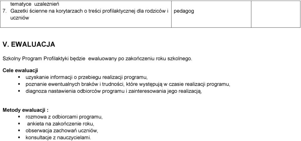 Cele ewaluacji uzyskanie informacji o przebiegu realizacji programu, poznanie ewentualnych braków i trudności, które występują w czasie