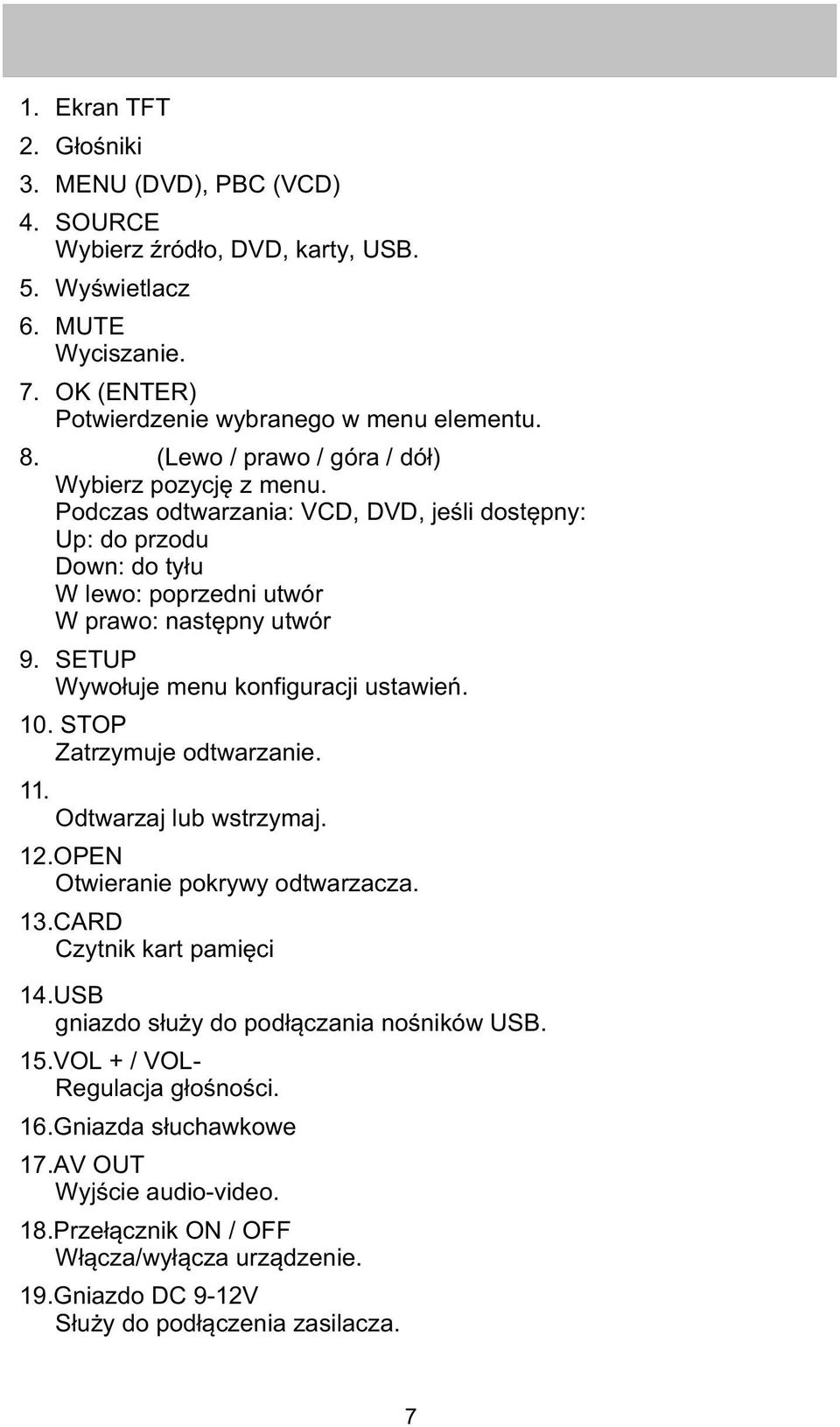 SETUP Wywo³uje menu konfiguracji ustawieñ. 10. STOP Zatrzymuje odtwarzanie. 11. 4; Odtwarzaj lub wstrzymaj. 12.OPEN Otwieranie pokrywy odtwarzacza. 13.CARD Czytnik kart pamiêci 14.