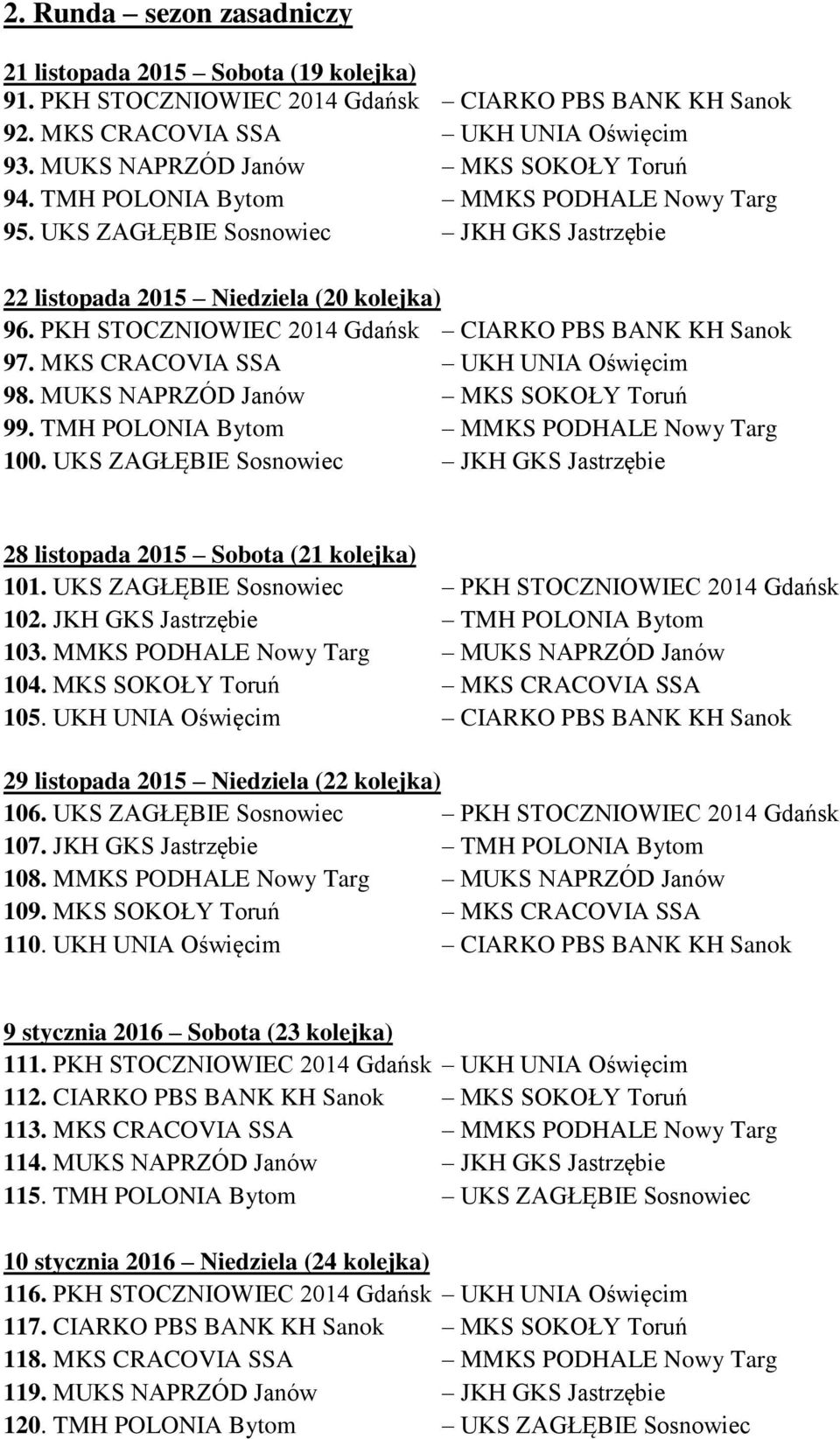 PKH STOCZNIOWIEC 2014 Gdańsk CIARKO PBS BANK KH Sanok 97. MKS CRACOVIA SSA UKH UNIA Oświęcim 98. MUKS NAPRZÓD Janów MKS SOKOŁY Toruń 99. TMH POLONIA Bytom MMKS PODHALE Nowy Targ 100.