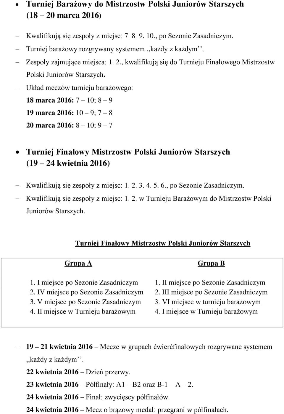 Układ meczów turnieju barażowego: 18 marca 2016: 7 10; 8 9 19 marca 2016: 10 9; 7 8 20 marca 2016: 8 10; 9 7 Turniej Finałowy Mistrzostw Polski Juniorów Starszych (19 24 kwietnia 2016) Kwalifikują