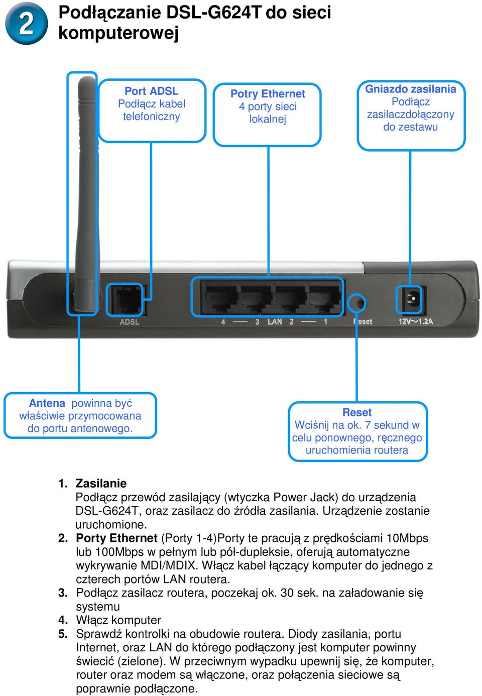 Zasilanie Podłącz przewód zasilający (wtyczka Power Jack) do urządzenia DSL-G624T, oraz zasilacz do źródła zasilania. Urządzenie zostanie uruchomione. 2.