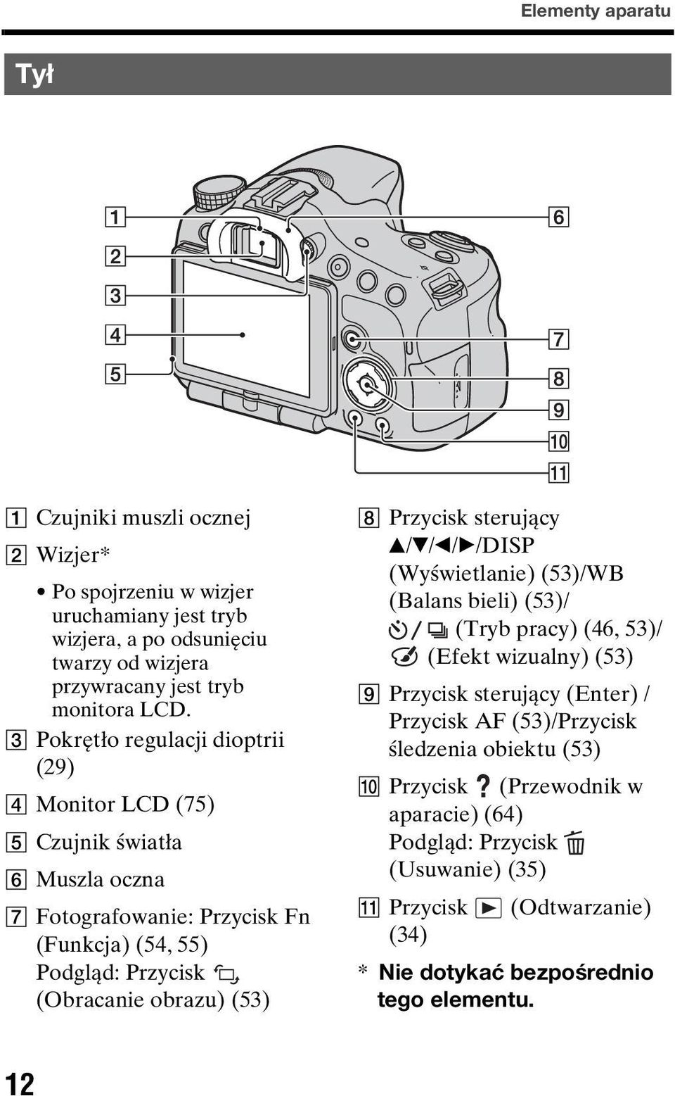 (53) H Przycisk sterujący v/v/b/b/disp (Wyświetlanie) (53)/WB (Balans bieli) (53)/ (Tryb pracy) (46, 53)/ (Efekt wizualny) (53) I Przycisk sterujący (Enter) / Przycisk AF