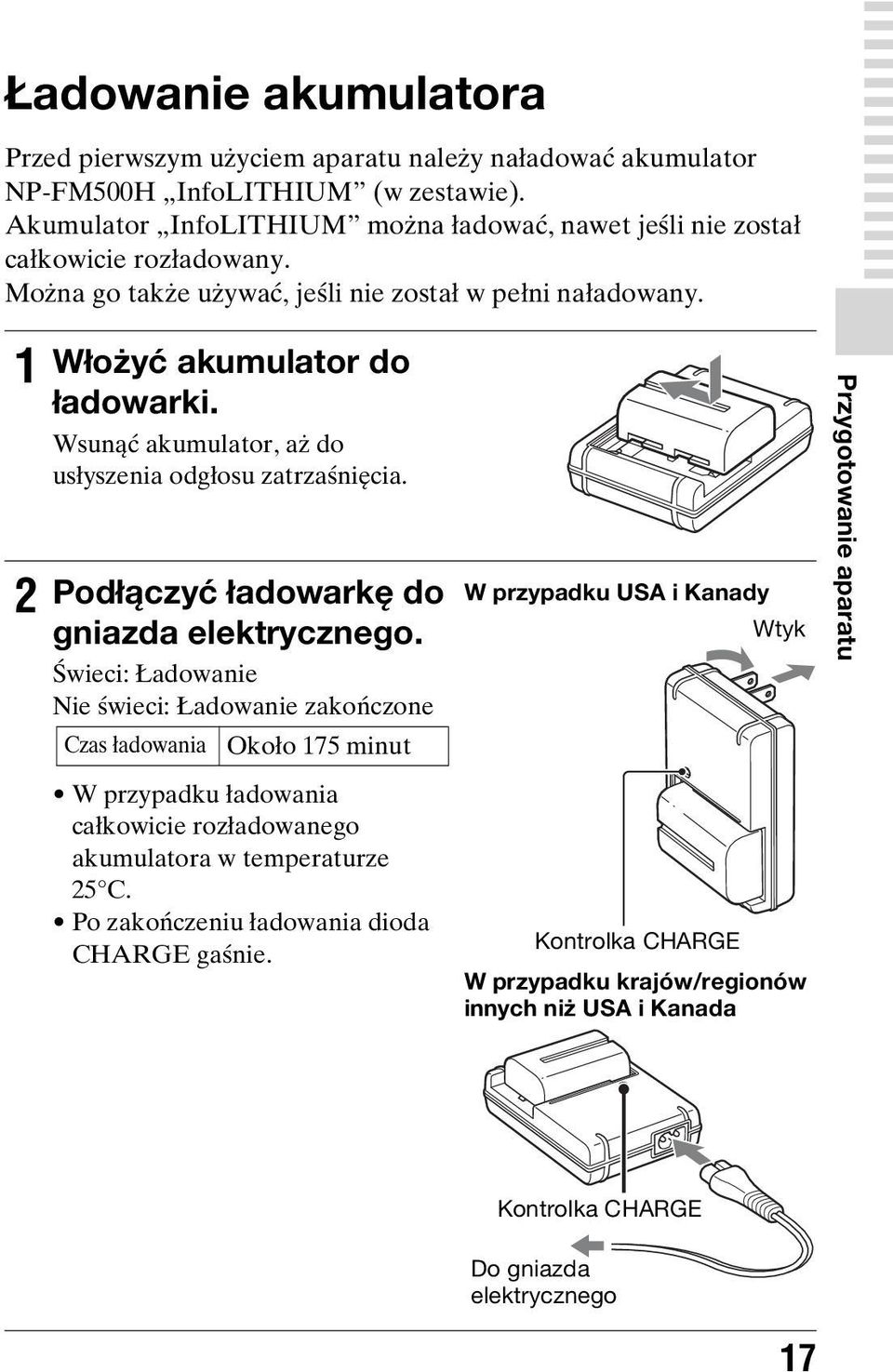 Wsunąć akumulator, aż do usłyszenia odgłosu zatrzaśnięcia. Podłączyć ładowarkę do gniazda elektrycznego.
