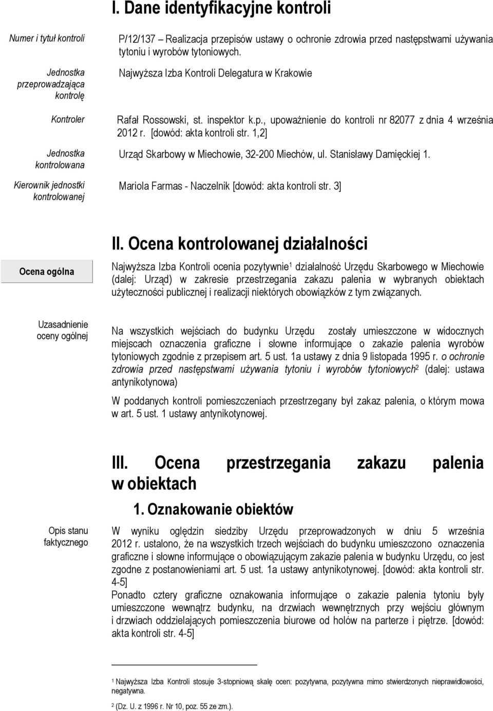 [dowód: akta kontroli str. 1,2] Urząd Skarbowy w Miechowie, 32-200 Miechów, ul. Stanisławy Damięckiej 1. Mariola Farmas - Naczelnik [dowód: akta kontroli str. 3] Ocena ogólna II.