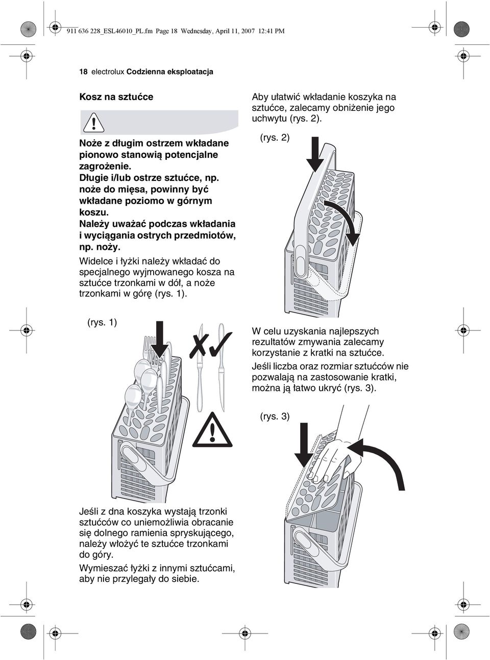 Widelce i łyżki należy wkładać do specjalnego wyjmowanego kosza na sztućce trzonkami w dół, a noże trzonkami w górę (rys. 1).