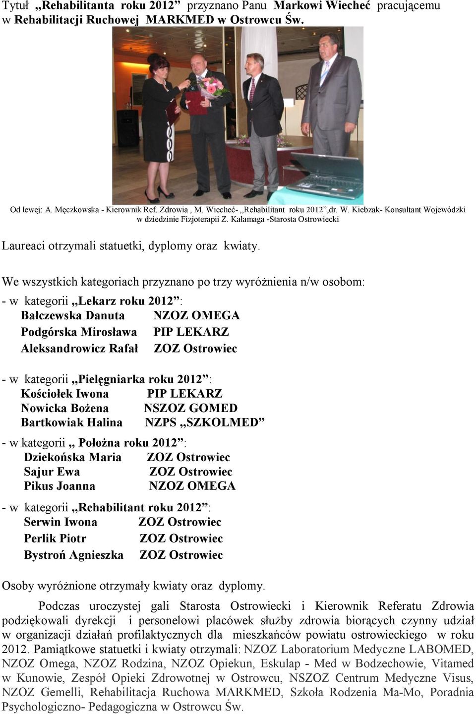 We wszystkich kategoriach przyznano po trzy wyróżnienia n/w osobom: - w kategorii,,lekarz roku 2012 : Bałczewska Danuta NZOZ OMEGA Podgórska Mirosława PIP LEKARZ Aleksandrowicz Rafał ZOZ Ostrowiec -