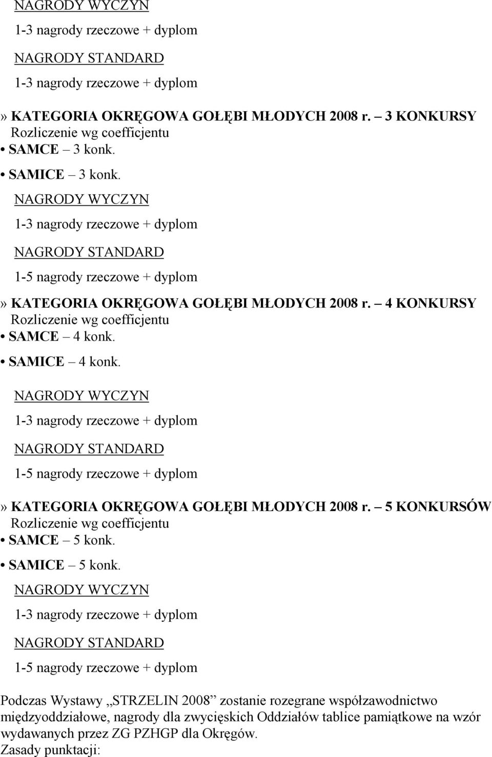 » KATEGORIA OKRĘGOWA GOŁĘBI MŁODYCH 2008 r. 5 KONKURSÓW SAMCE 5 konk. SAMICE 5 konk.