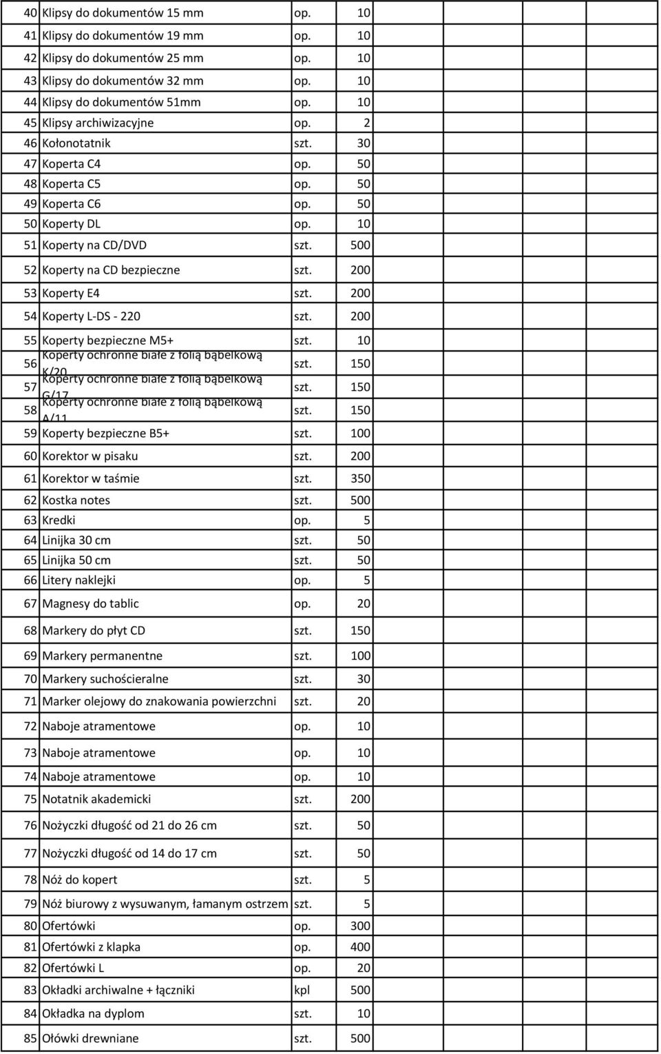 500 52 Koperty na CD bezpieczne szt. 200 53 Koperty E4 szt. 200 54 Koperty L-DS - 220 szt. 200 55 Koperty bezpieczne M5+ szt. 10 56 szt. 150 K/20 57 szt. 150 G/17 58 szt.