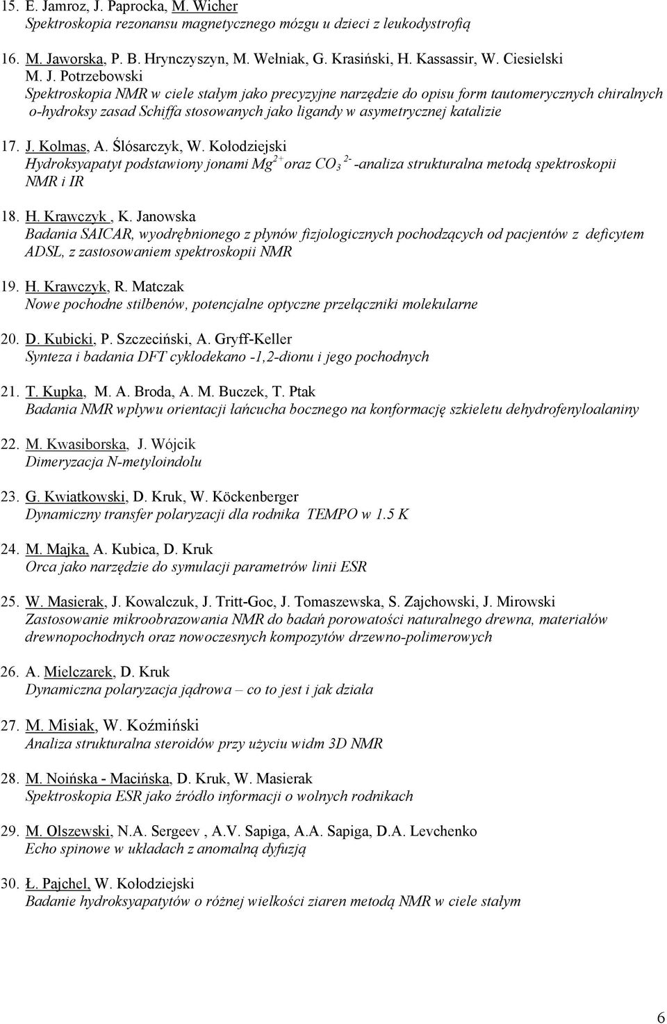 Kolmas, A. Ślósarczyk, W. Kołodziejski Hydroksyapatyt podstawiony jonami Mg 2+ oraz CO 3 2- -analiza strukturalna metodą spektroskopii NMR i IR 18. H. Krawczyk, K.