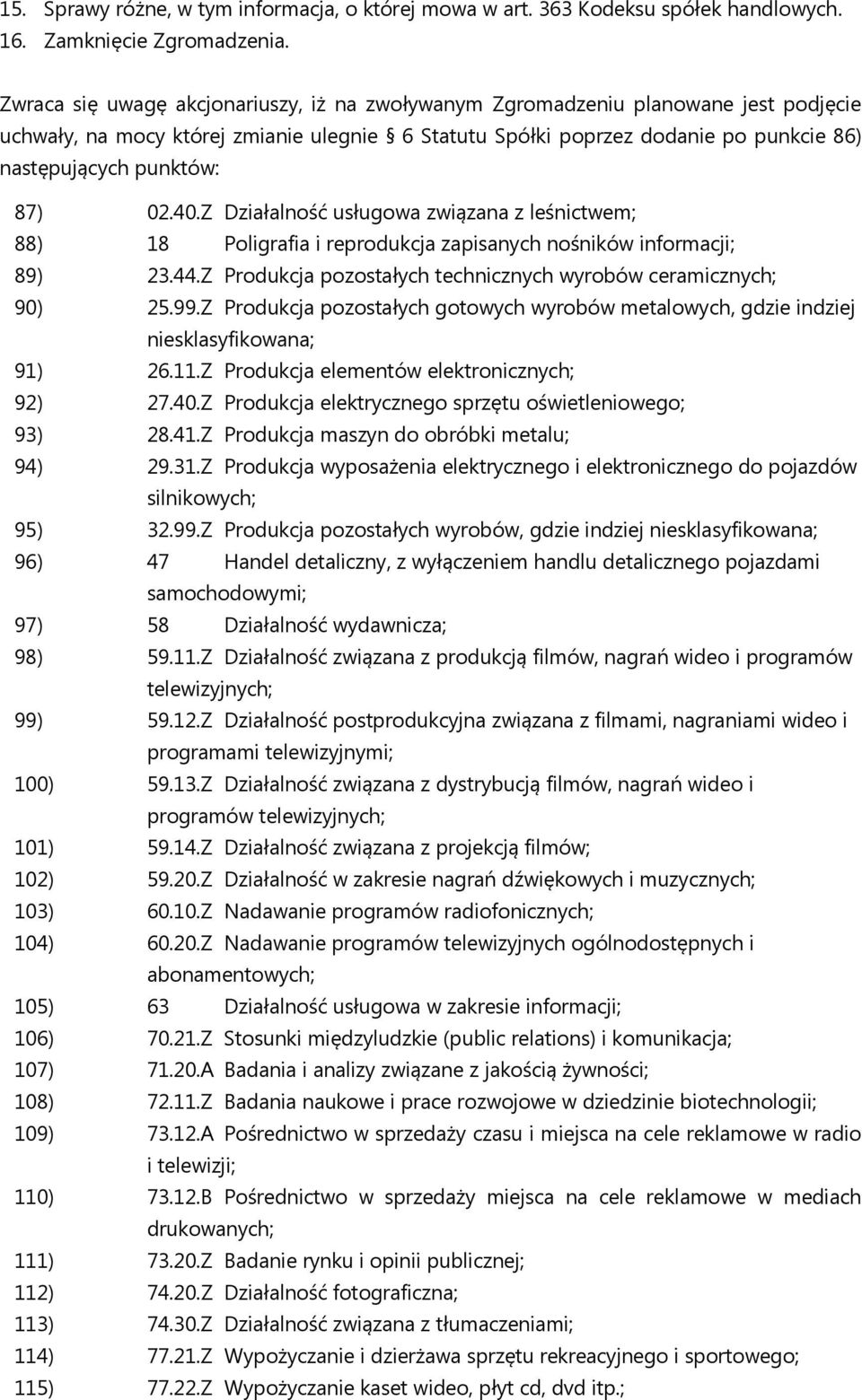 87) 02.40.Z Działalność usługowa związana z leśnictwem; 88) 18 Poligrafia i reprodukcja zapisanych nośników informacji; 89) 23.44.Z Produkcja pozostałych technicznych wyrobów ceramicznych; 90) 25.99.