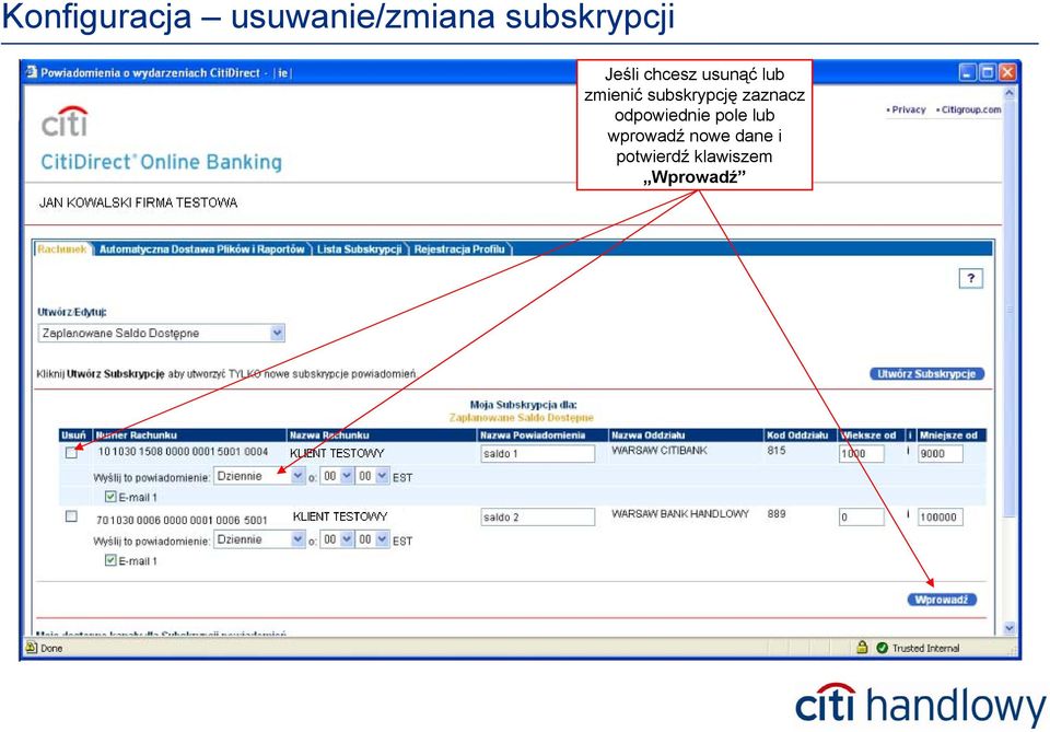 subskrypcję zaznacz odpowiednie pole lub