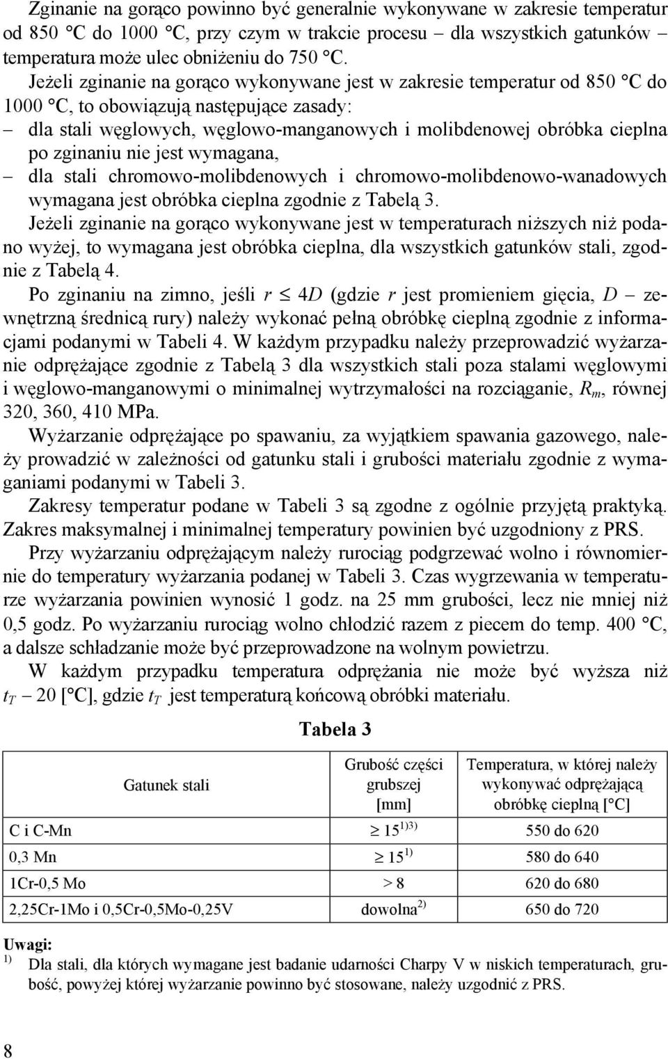 zginaniu nie jest wymagana, dla stali chromowo-molibdenowych i chromowo-molibdenowo-wanadowych wymagana jest obróbka cieplna zgodnie z Tabelą 3.