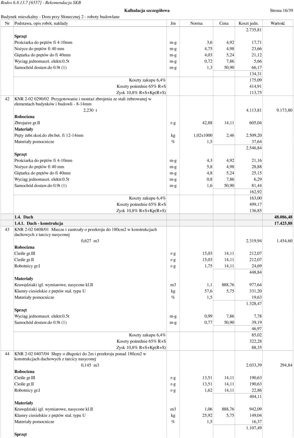 do 0.9t (1) m-g 1,3 50,90 66,17 134,31 Koszty zakupu 6,4% 175,09 Koszty pośrednie 65% R+S 414,91 Zysk 10,8% R+S+Kp(R+S) 113,75 42 KNR 2-02 0290/02 Przygotowanie i montaż zbrojenia ze stali żebrowanej