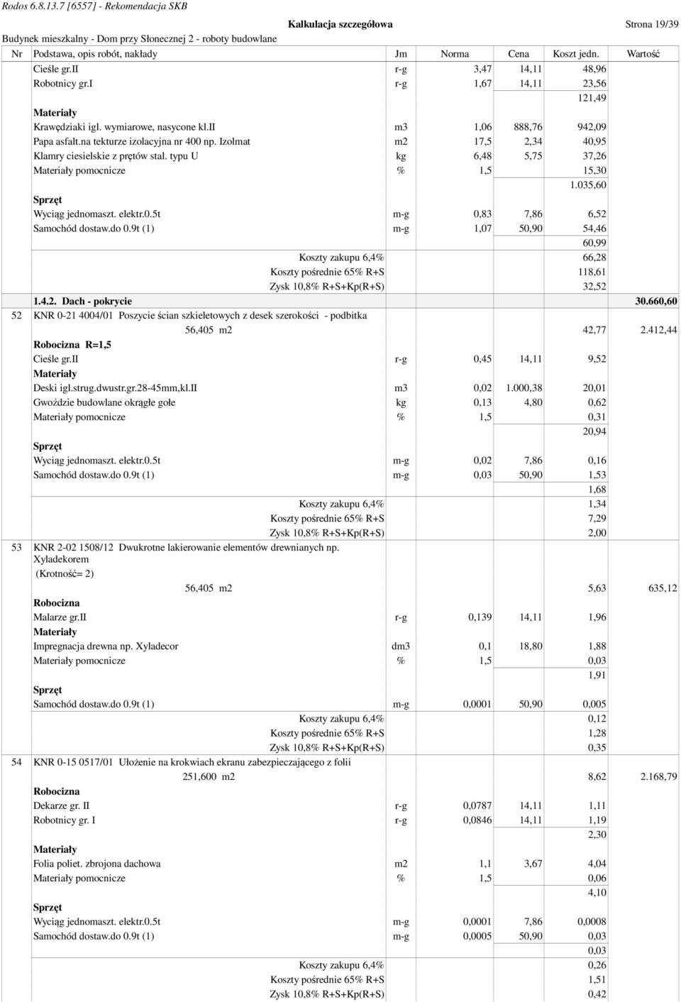 do 0.9t (1) m-g 1,07 50,90 54,46 60,99 Koszty zakupu 6,4% 66,28 Koszty pośrednie 65% R+S 118,61 Zysk 10,8% R+S+Kp(R+S) 32,52 1.4.2. Dach - pokrycie 30.