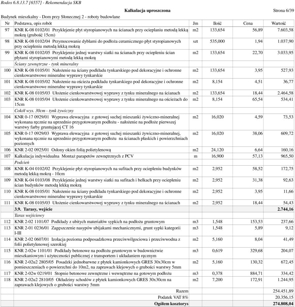 037,90 przy ociepleniu metodą lekką mokrą 99 KNR K-08 0102/05 Przyklejenie jednej warstwy siatki na ścianach przy ociepleniu ścian m2 133,654 22,70 3.