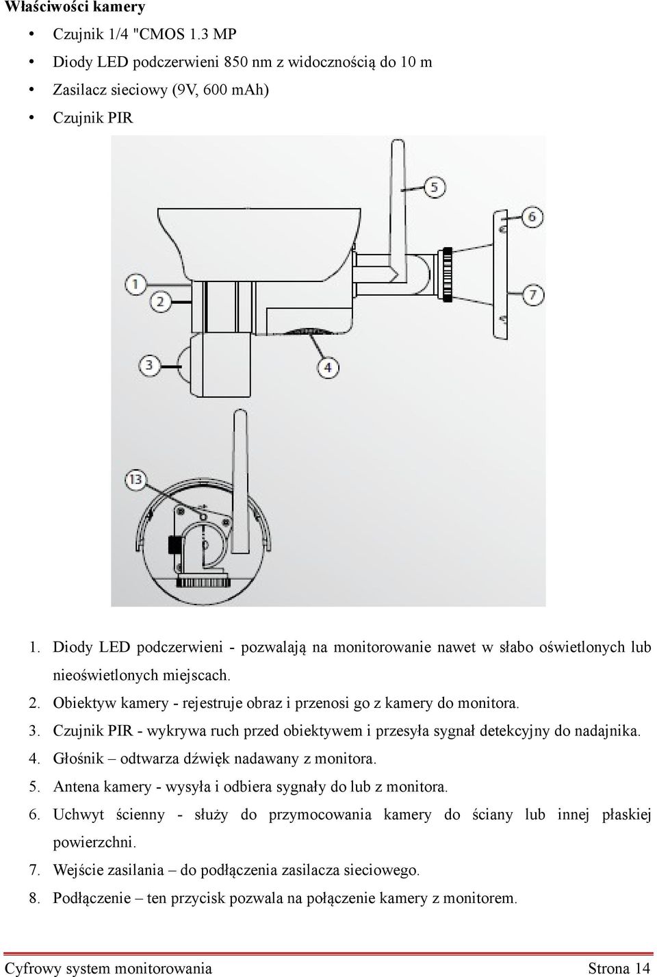Czujnik PIR - wykrywa ruch przed obiektywem i przesyła sygnał detekcyjny do nadajnika. 4. Głośnik odtwarza dźwięk nadawany z monitora. 5. Antena kamery - wysyła i odbiera sygnały do lub z monitora.