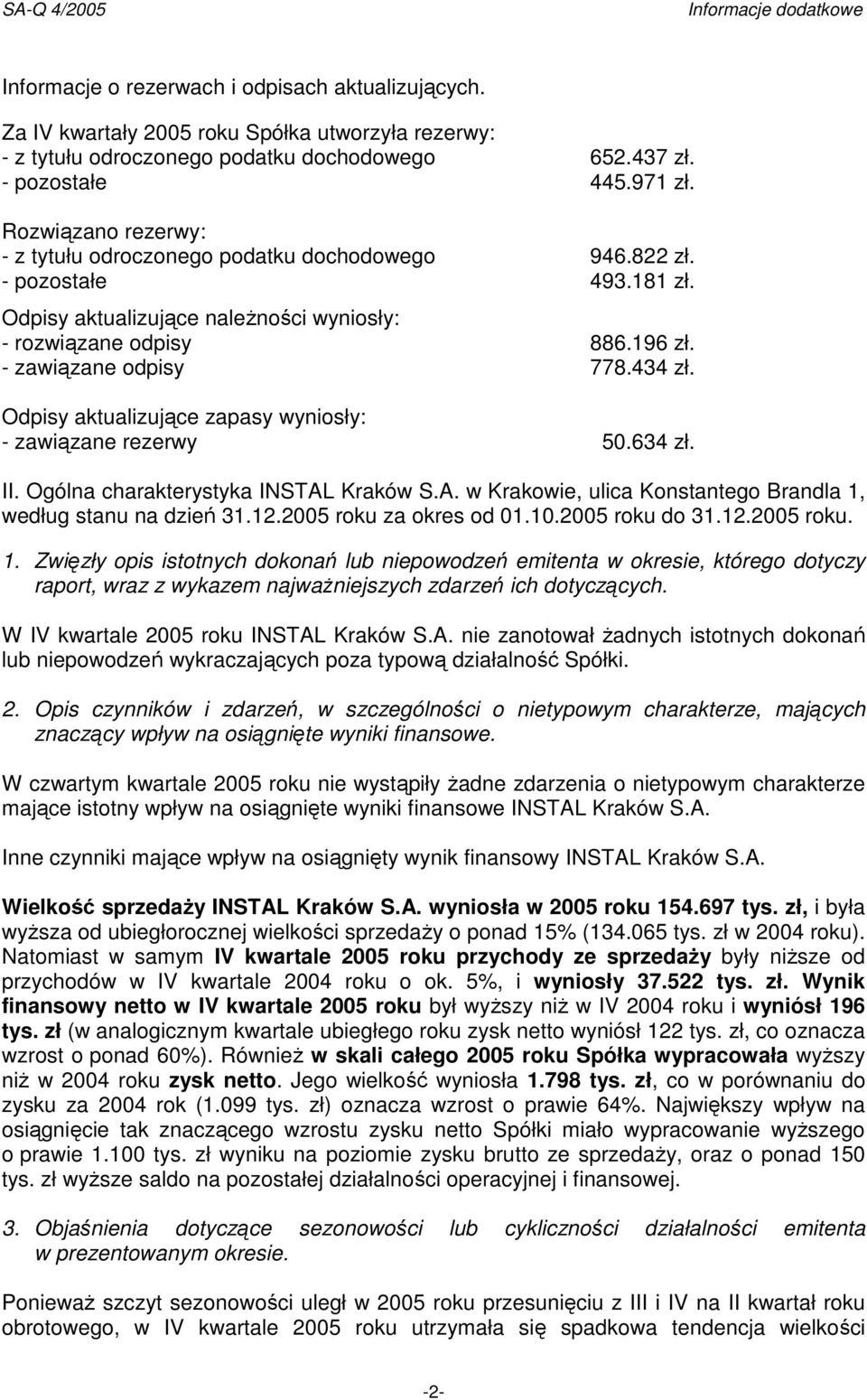 434 zł. Odpisy aktualizujące zapasy wyniosły: - zawiązane rezerwy 50.634 zł. II. Ogólna charakterystyka INSTAL Kraków S.A. w Krakowie, ulica Konstantego Brandla 1, według stanu na dzień 31.12.