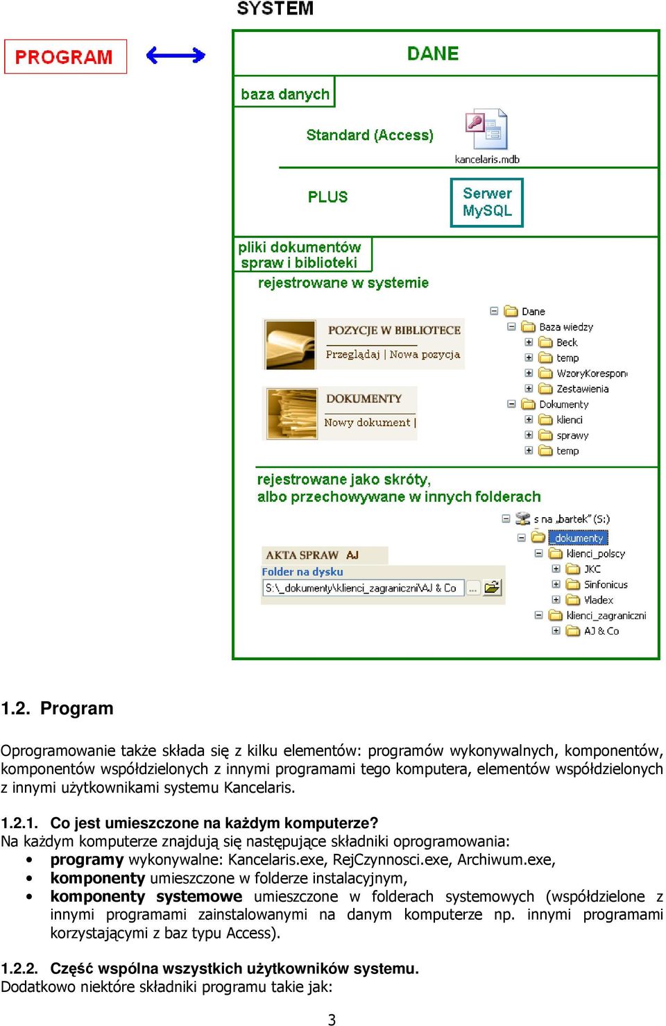 Na każdym komputerze znajdują się następujące składniki oprogramowania: programy wykonywalne: Kancelaris.exe, RejCzynnosci.exe, Archiwum.