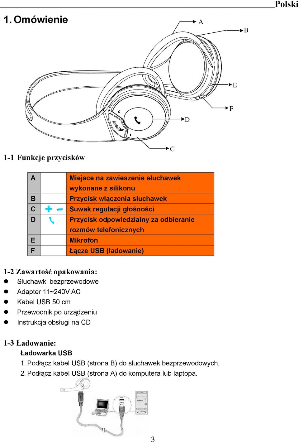 Zawartość opakowania: Słuchawki bezprzewodowe Adapter 11~240V AC Kabel USB 50 cm Przewodnik po urządzeniu Instrukcja obsługi na CD 1-3