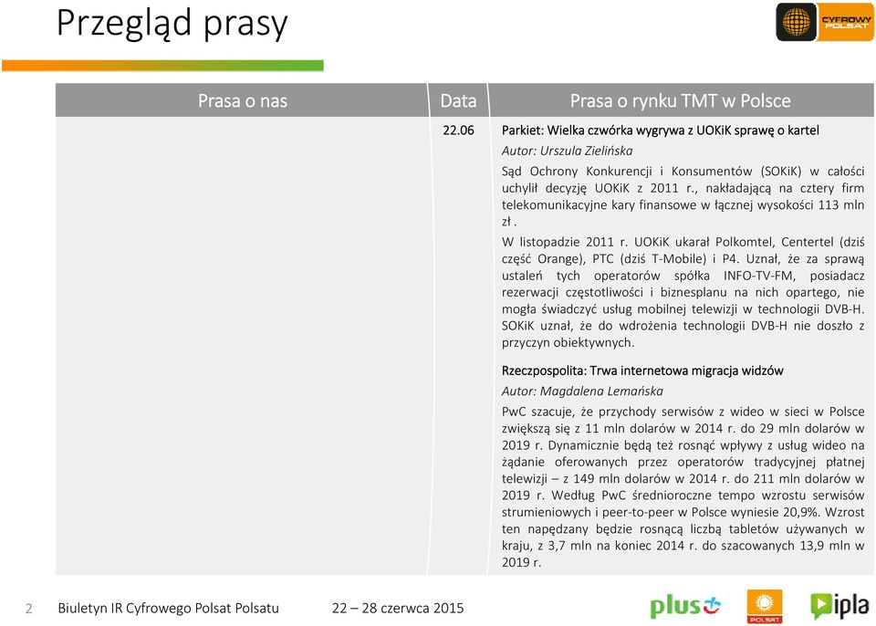 , nakładającą na cztery firm telekomunikacyjne kary finansowe w łącznej wysokości 113 mln zł. W listopadzie 2011 r. UOKiK ukarał Polkomtel, Centertel (dziś część Orange), PTC (dziś T Mobile) i P4.