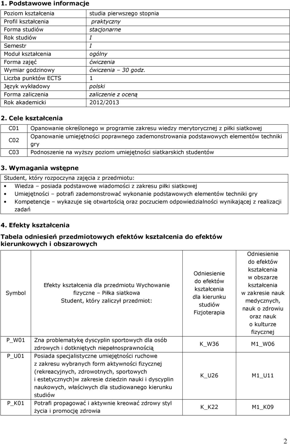 Cele kształcenia C01 C02 C03 Opanowanie określonego w programie zakresu wiedzy merytorycznej z piłki siatkowej Opanowanie poprawnego zademonstrowania podstawowych elementów techniki gry Podnoszenie