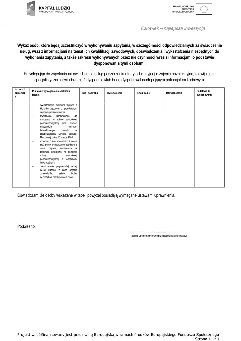 Przystępując do zapytania na świadczenie usług poszerzenia oferty edukacyjnej o zajęcia pozalekcyjne, rozwijające i specjalistyczne oświadczam, iŝ dysponuję i/lub będę dysponował następującym