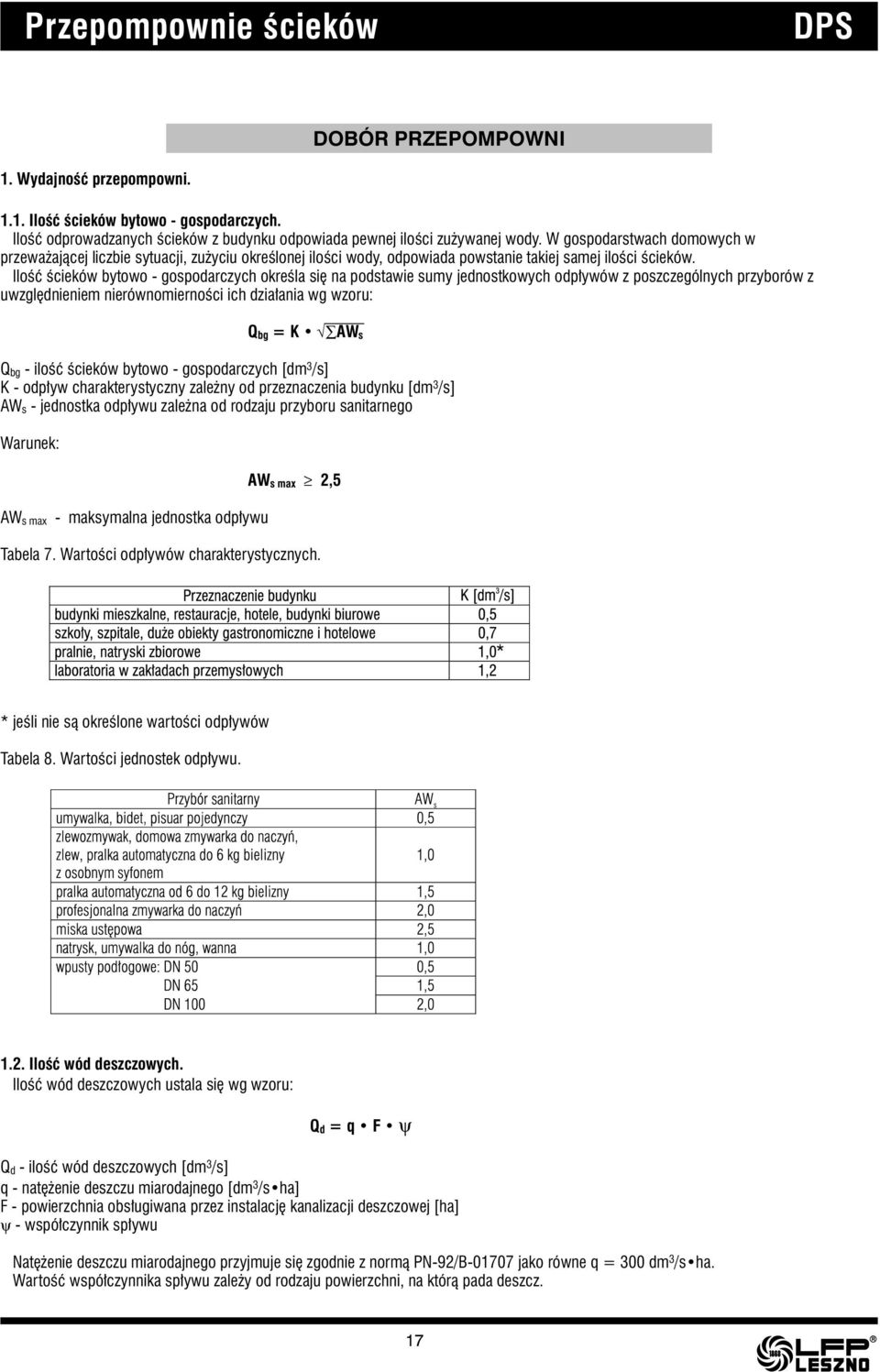 Ilość ścieków bytowo - gospodarczych określa się na podstawie sumy jednostkowych odpływów z poszczególnych przyborów z uwzględnieniem nierównomierności ich działania wg wzoru: Q bg = K AW s Q bg -