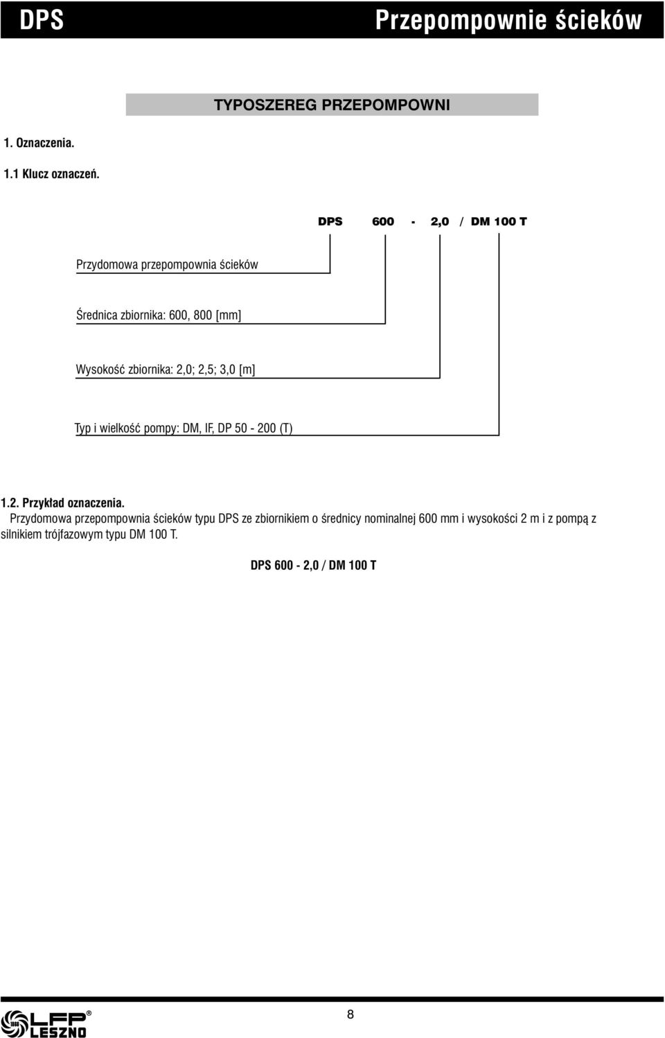 2,5; 3,0 [m] Typ i wielkość pompy: DM, IF, DP 50-200 (T) 1.2. Przykład oznaczenia.