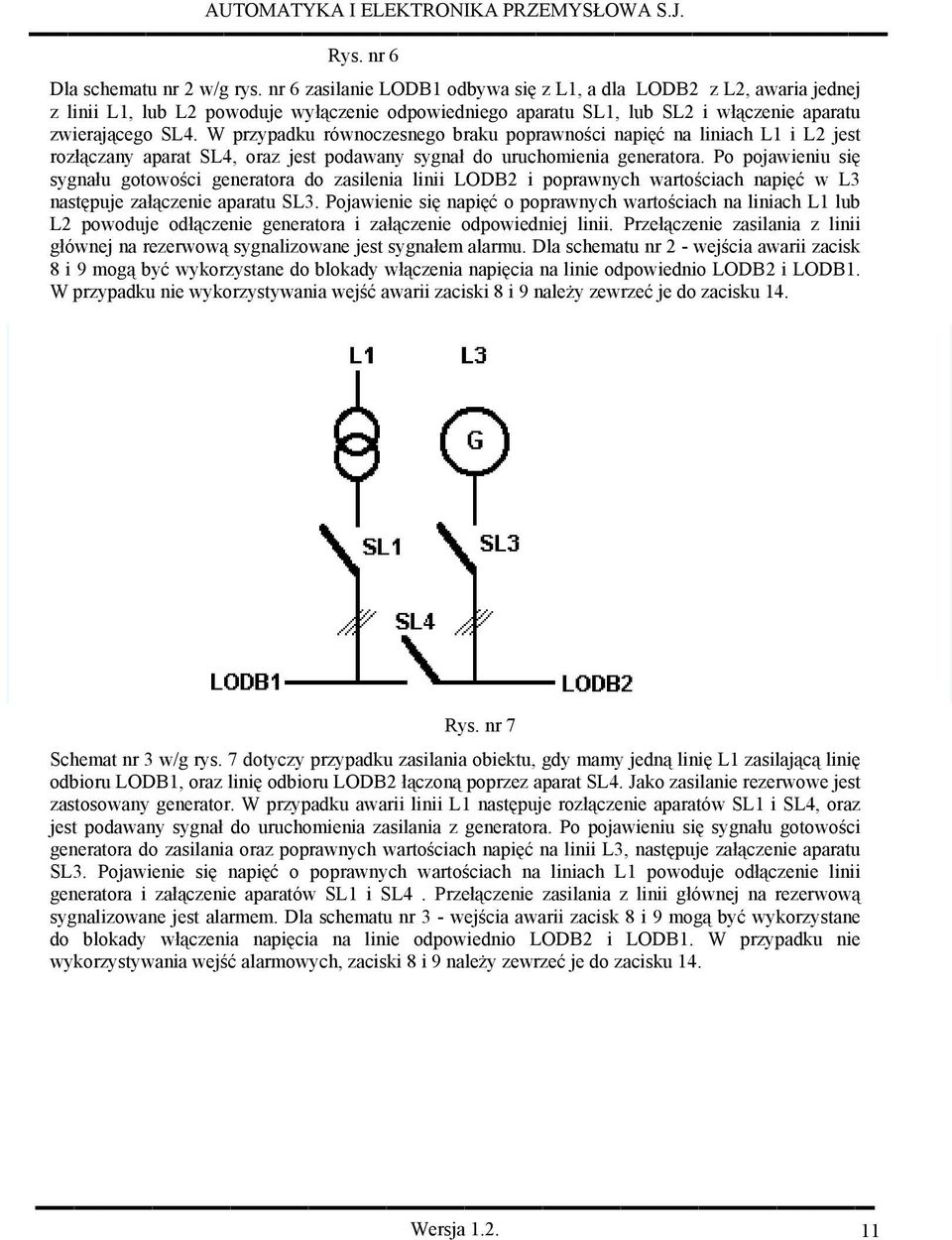 W przypadku równoczesnego braku poprawności napięć na liniach L1 i L2 jest rozłączany aparat SL4, oraz jest podawany sygnał do uruchomienia generatora.