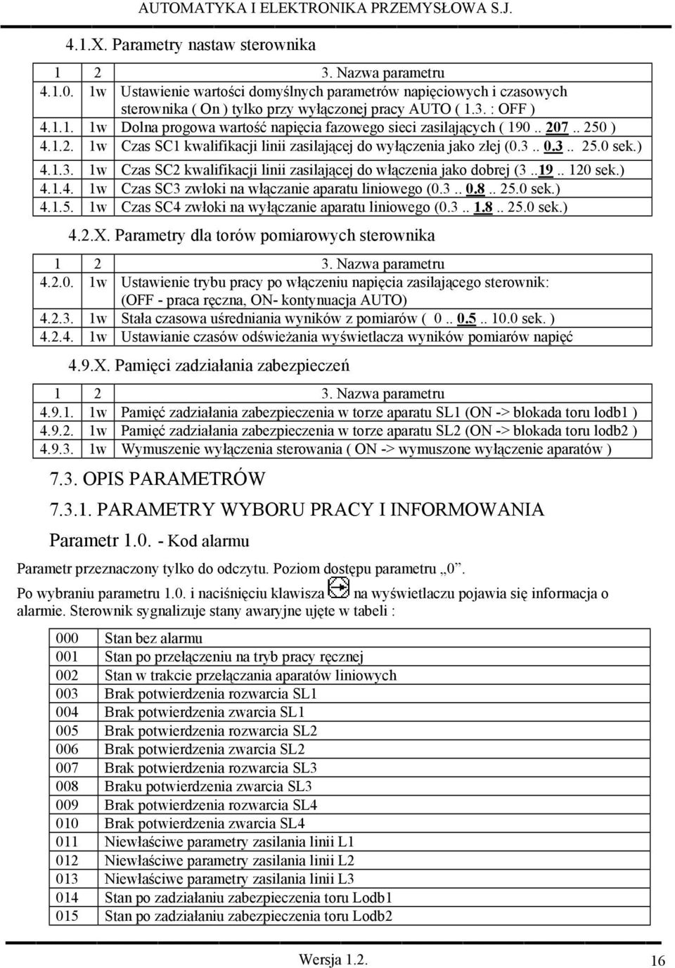 . 0.3.. 25.0 sek.) 4.1.3. 1w Czas SC2 kwalifikacji linii zasilającej do włączenia jako dobrej (3..19.. 120 sek.) 4.1.4. 1w Czas SC3 zwłoki na włączanie aparatu liniowego (0.3.. 0.8.. 25.0 sek.) 4.1.5. 1w Czas SC4 zwłoki na wyłączanie aparatu liniowego (0.