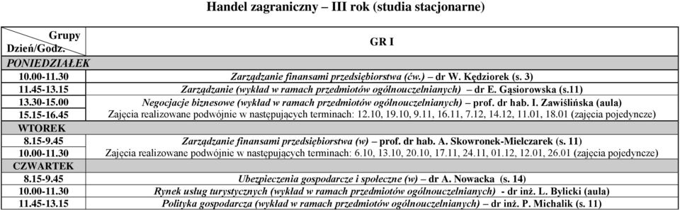 45 Zajęcia realizowane podwójnie w następujących terminach: 12.10, 19.10, 9.11, 16.11, 7.12, 14.12, 11.01, 18.01 (zajęcia pojedyncze) 8.15-9.45 Zarządzanie finansami przedsiębiorstwa (w) prof. dr hab.