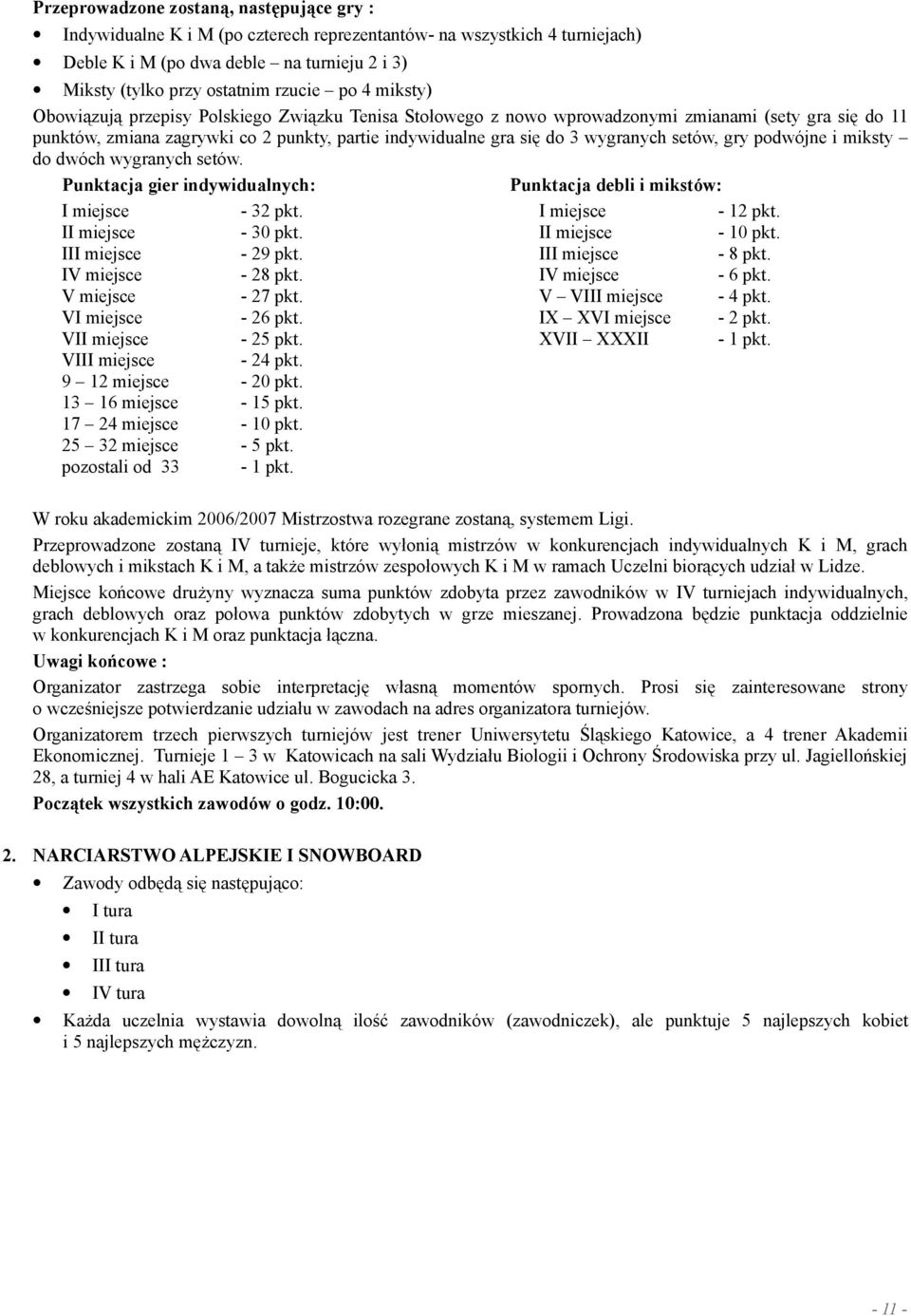 setów, gry podwójne i miksty do dwóch wygranych setów. Punktacja gier indywidualnych: Punktacja debli i mikstów: I miejsce - 32 pkt. I miejsce - 12 pkt. II miejsce - 30 pkt. II miejsce - 10 pkt.