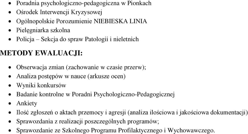 ocen) Wyniki konkursów Badanie kontrolne w Poradni Psychologiczno-Pedagogicznej Ankiety Ilość zgłoszeń o aktach przemocy i agresji (analiza