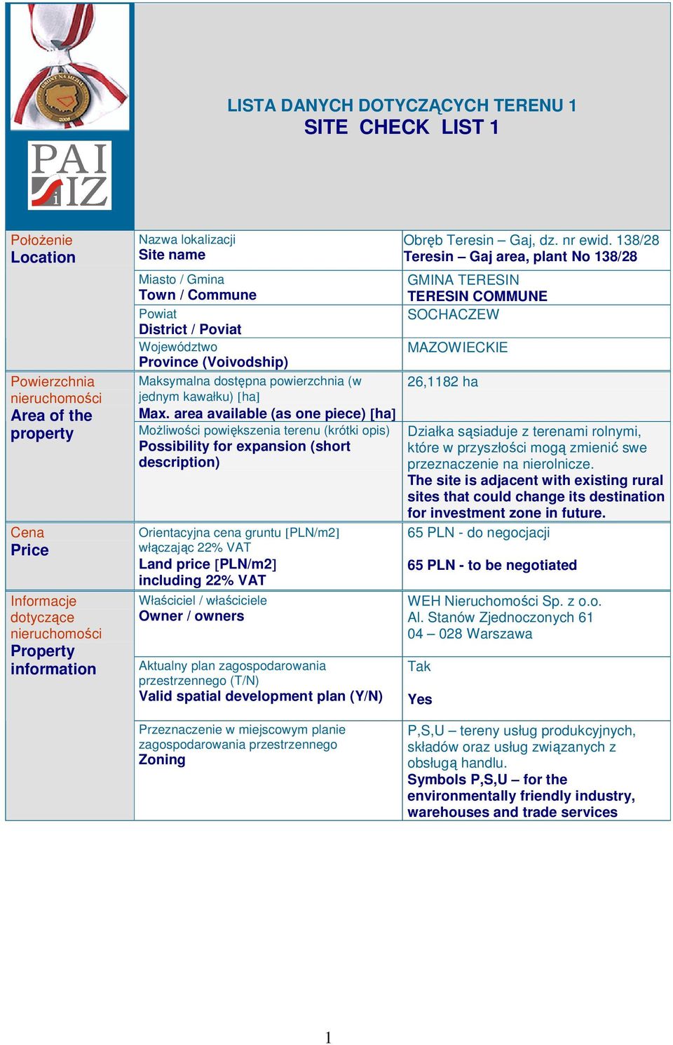 area available (as one piece) [ha] Możliwości powiększenia terenu (krótki opis) Possibility for expansion (short description) Orientacyjna cena gruntu [PLN/m2] włączając 22% VAT Land price [PLN/m2]