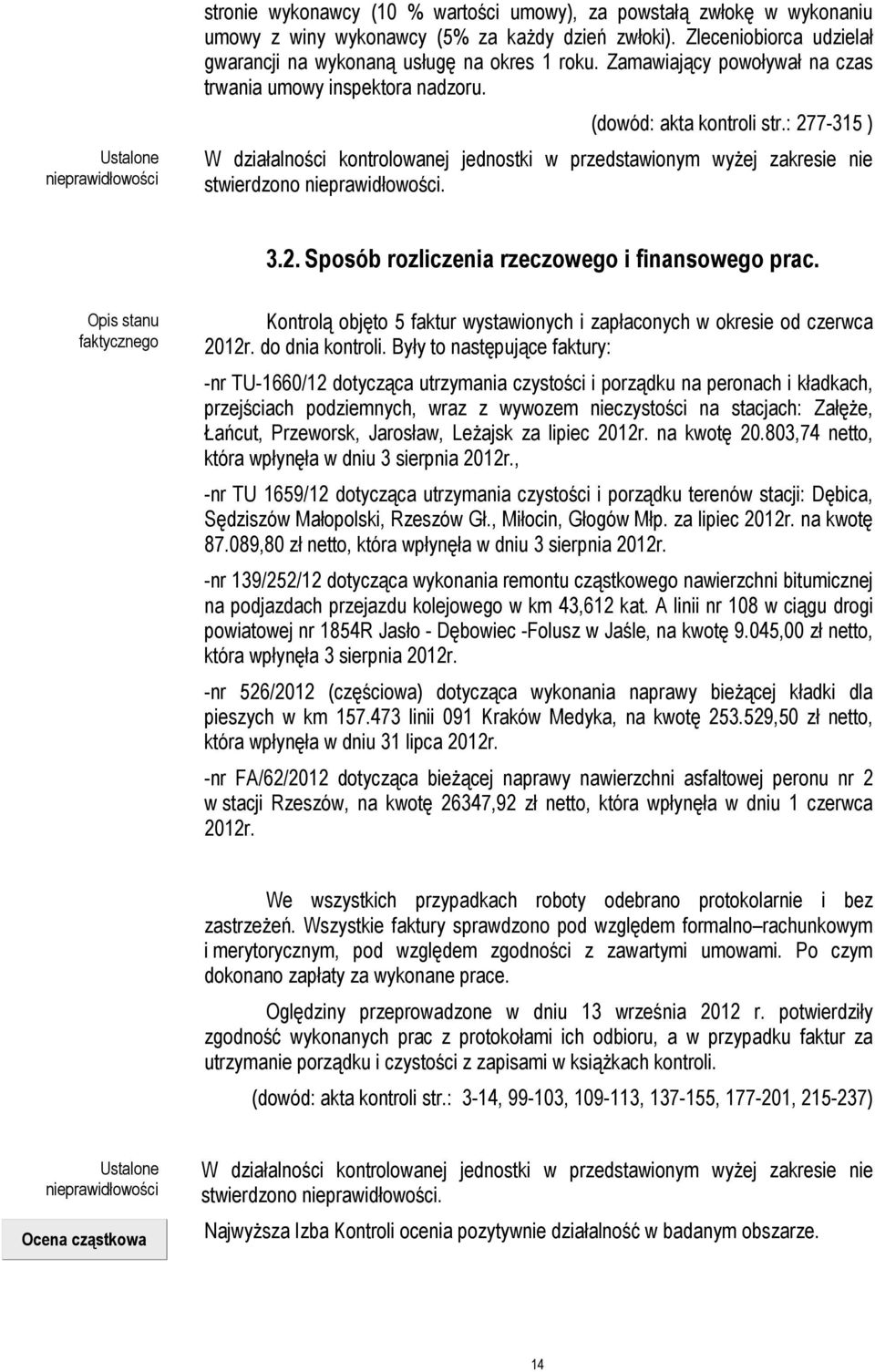 : 277-315 ) W działalności kontrolowanej jednostki w przedstawionym wyżej zakresie nie stwierdzono nieprawidłowości. 3.2. Sposób rozliczenia rzeczowego i finansowego prac.