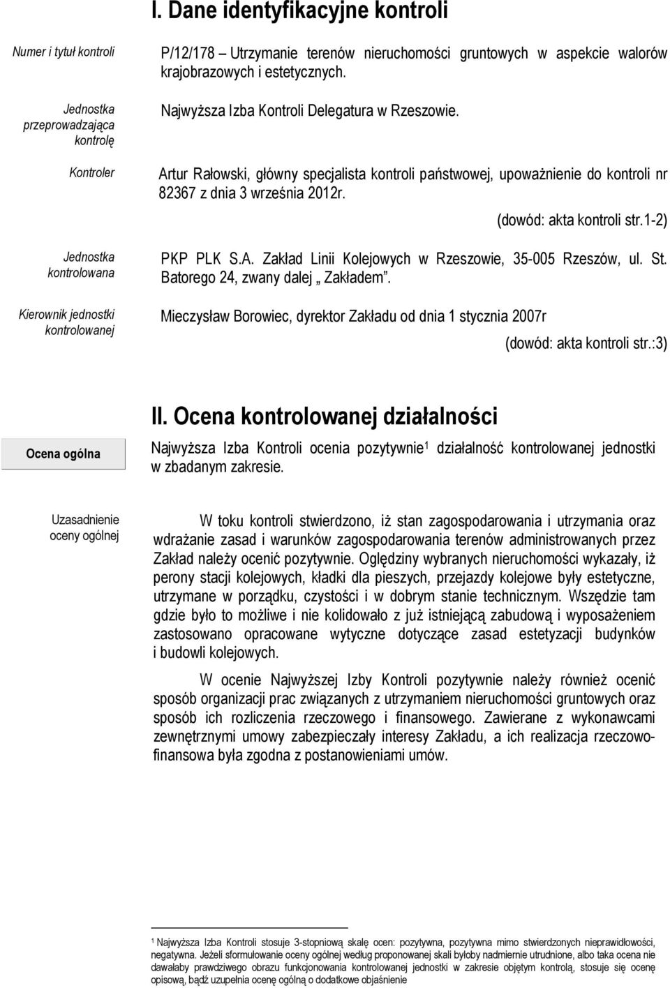 Artur Rałowski, główny specjalista kontroli państwowej, upoważnienie do kontroli nr 82367 z dnia 3 września 2012r. (dowód: akta kontroli str.1-2) PKP PLK S.A. Zakład Linii Kolejowych w Rzeszowie, 35-005 Rzeszów, ul.
