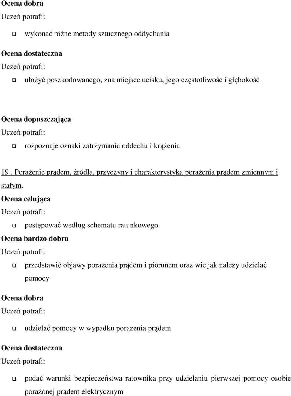 postępować według schematu ratunkowego przedstawić objawy porażenia prądem i piorunem oraz wie jak należy udzielać pomocy udzielać