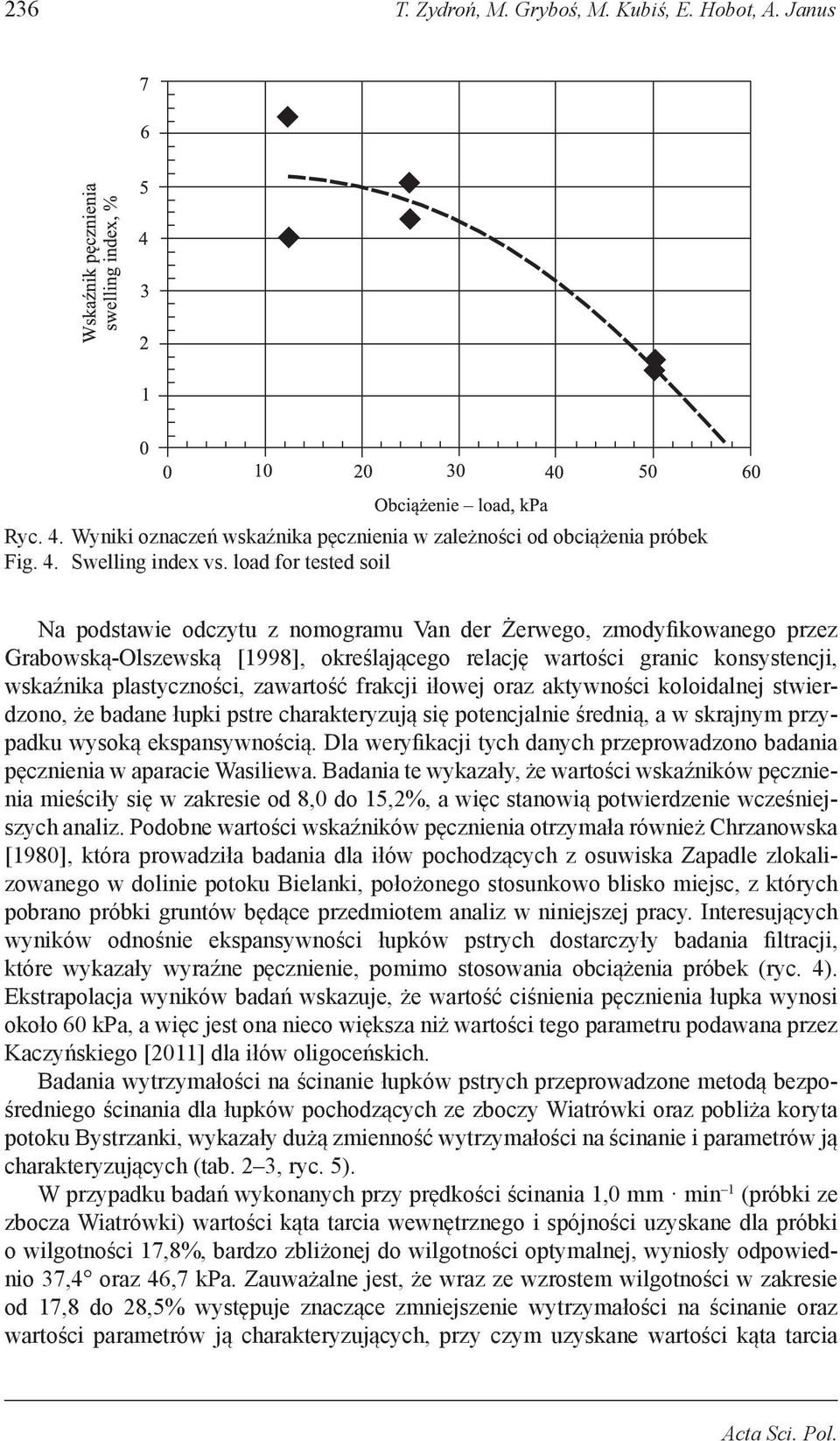 zawartość frakcji iłowej oraz aktywności koloidalnej stwierdzono, że badane łupki pstre charakteryzują się potencjalnie średnią, a w skrajnym przypadku wysoką ekspansywnością.