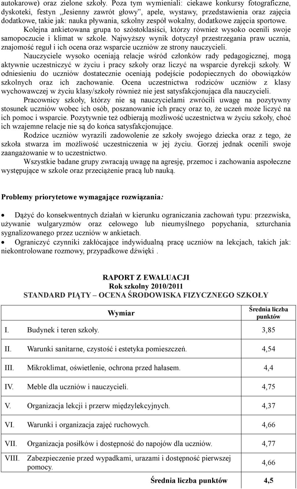 dodatkowe zajęcia sportowe. Kolejna ankietowana grupa to szóstoklasiści, którzy również wysoko ocenili swoje samopoczucie i klimat w szkole.